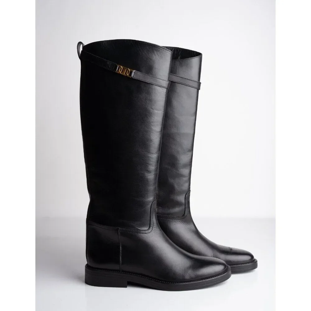 Massimo Dutti Womens Knee High Leather Riding Boots Black US 9 EU 40 NWD